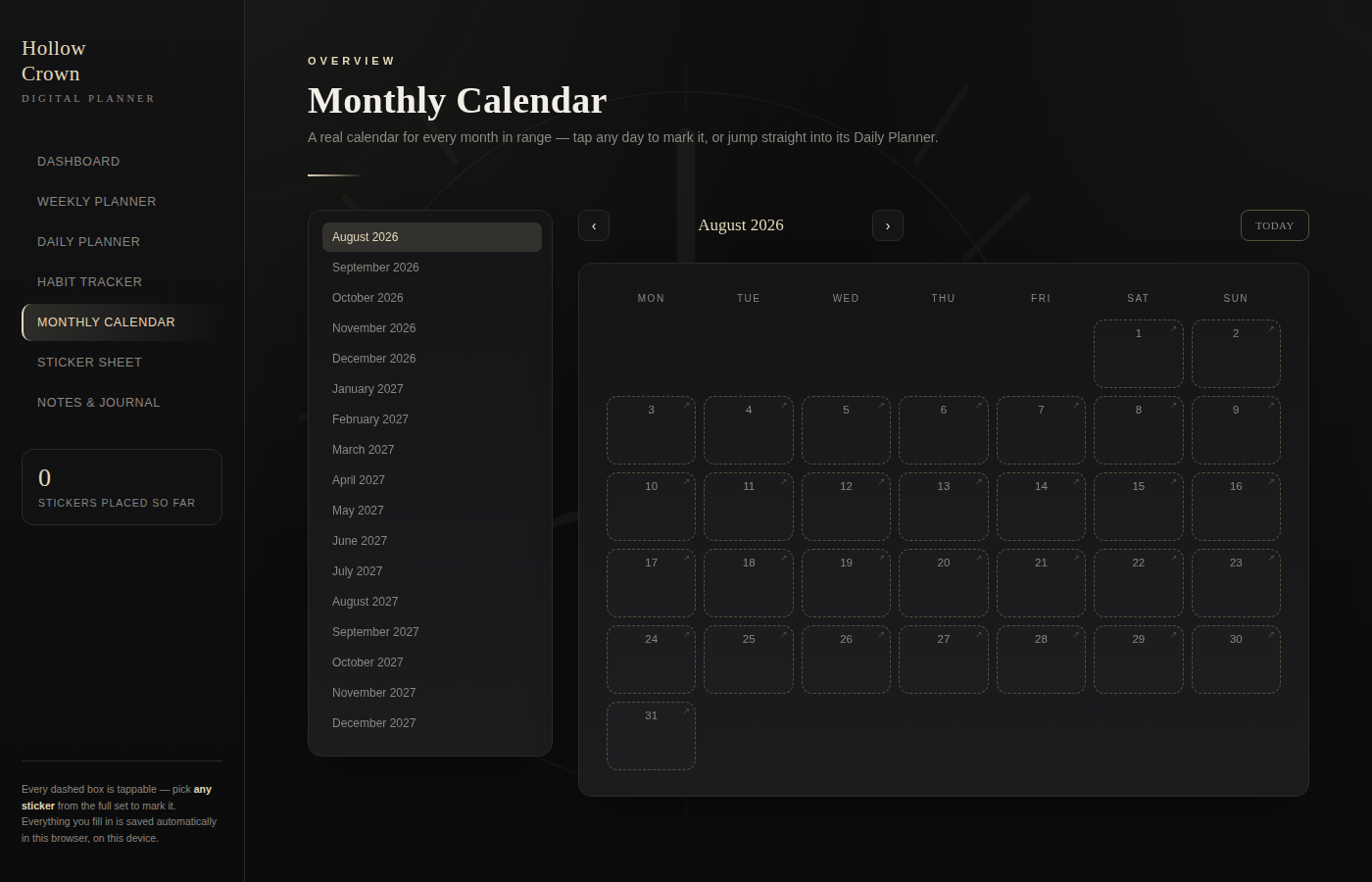 Digital Planner — Hollow Crown (Interactive HTML, Epic Cross & Crown Themed)