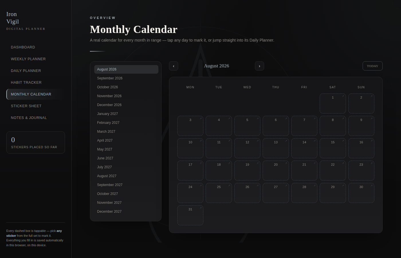 Digital Planner — Iron Vigil (Interactive HTML, Steel & Warrior Themed)