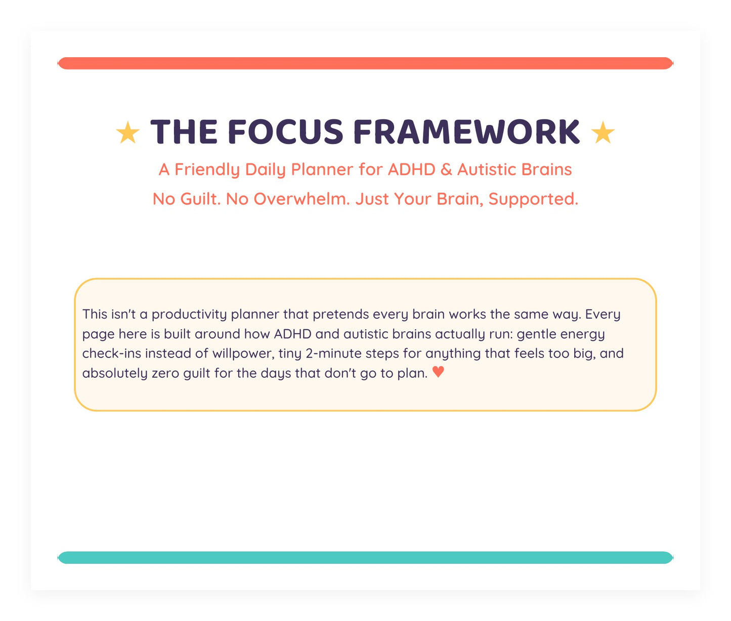 The Focus Framework — ADHD & Neurodivergent Daily Planner (Friendly Edition)