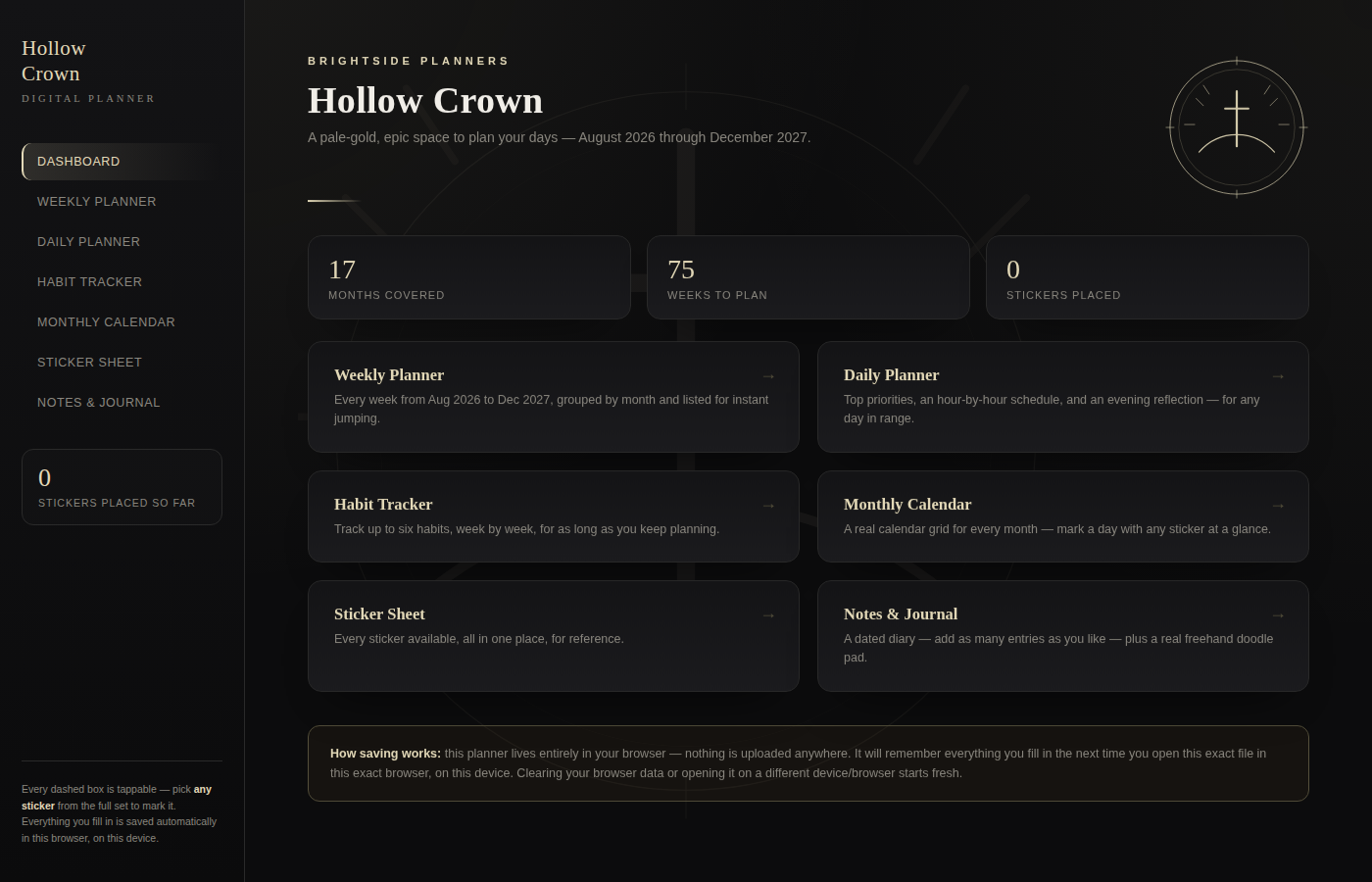 Digital Planner — Hollow Crown (Interactive HTML, Epic Cross & Crown Themed)