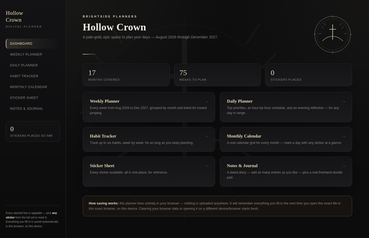 Digital Planner — Hollow Crown (Interactive HTML, Epic Cross &amp; Crown Themed)