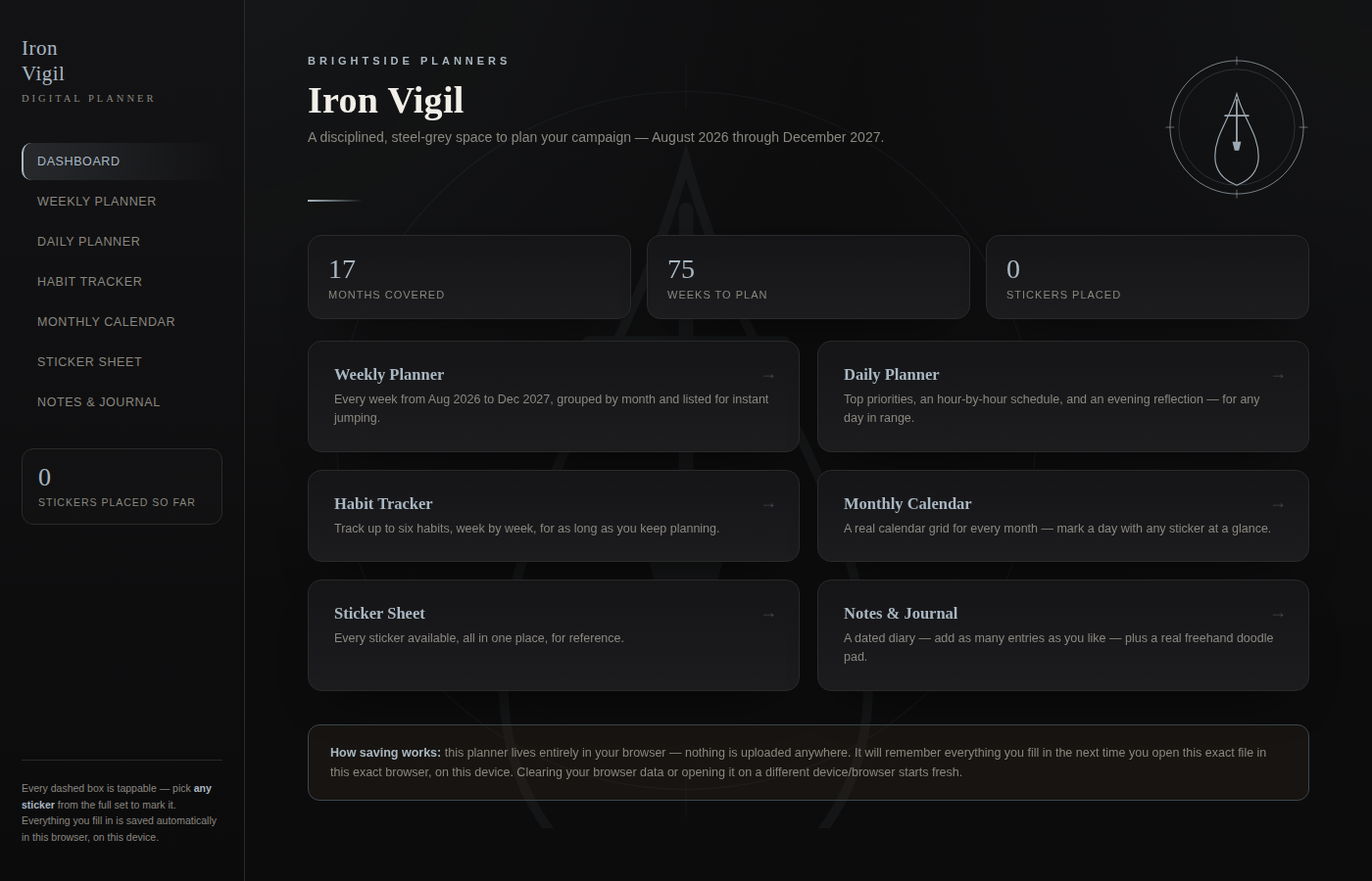 Digital Planner — Iron Vigil (Interactive HTML, Steel & Warrior Themed)