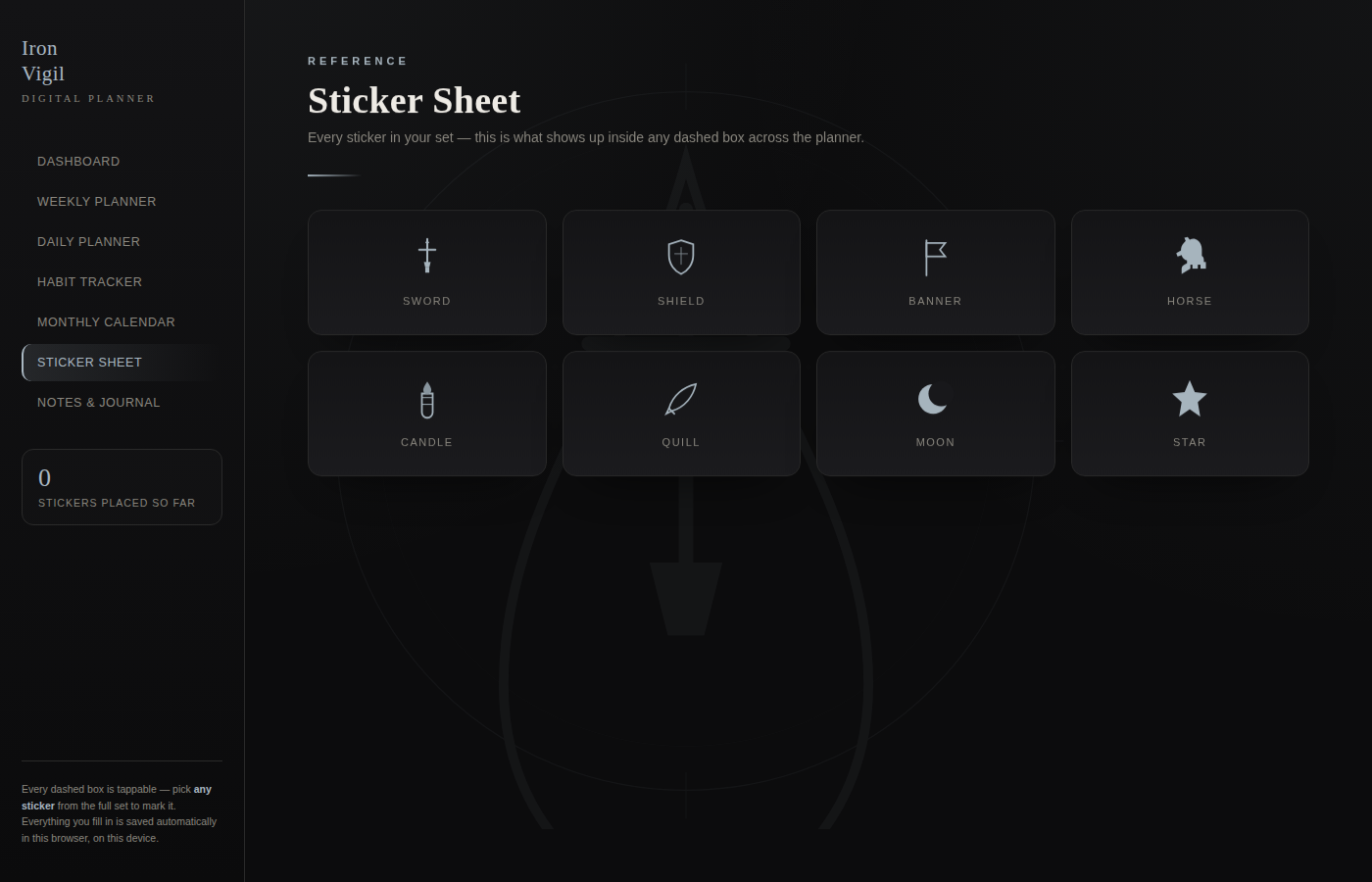 Digital Planner — Iron Vigil (Interactive HTML, Steel & Warrior Themed)