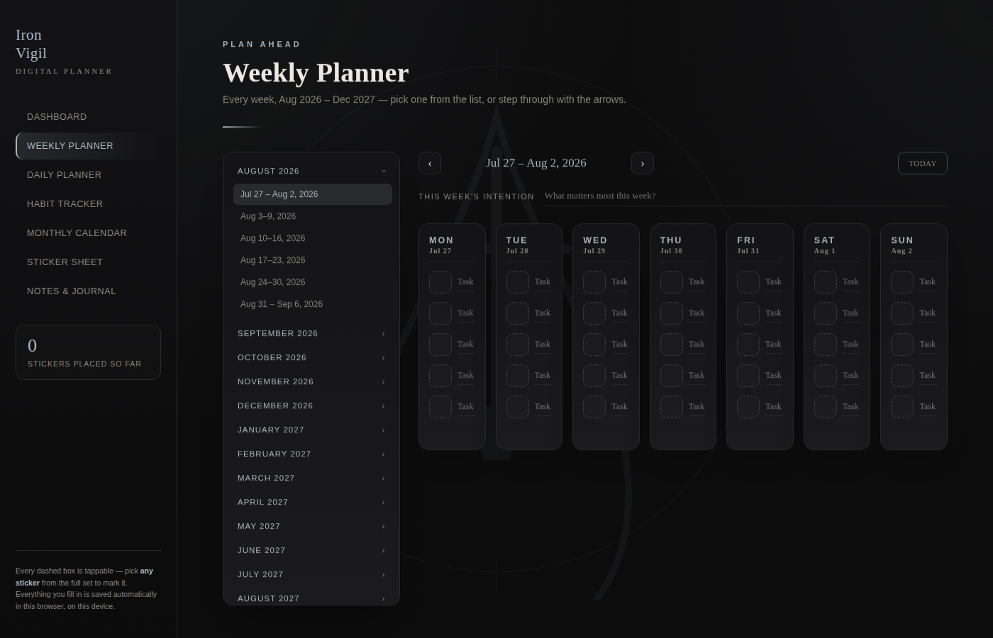 Digital Planner — Iron Vigil (Interactive HTML, Steel & Warrior Themed)