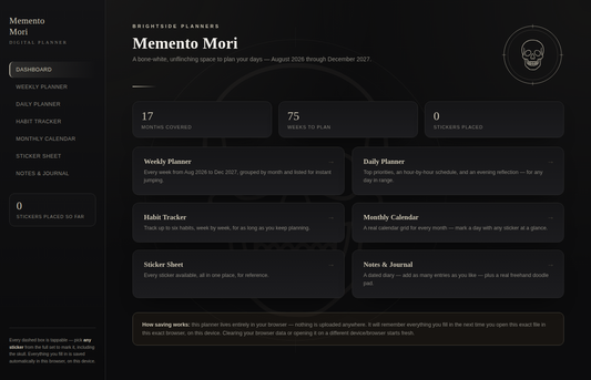 Digital Planner — Memento Mori (Interactive HTML, Skull Themed)