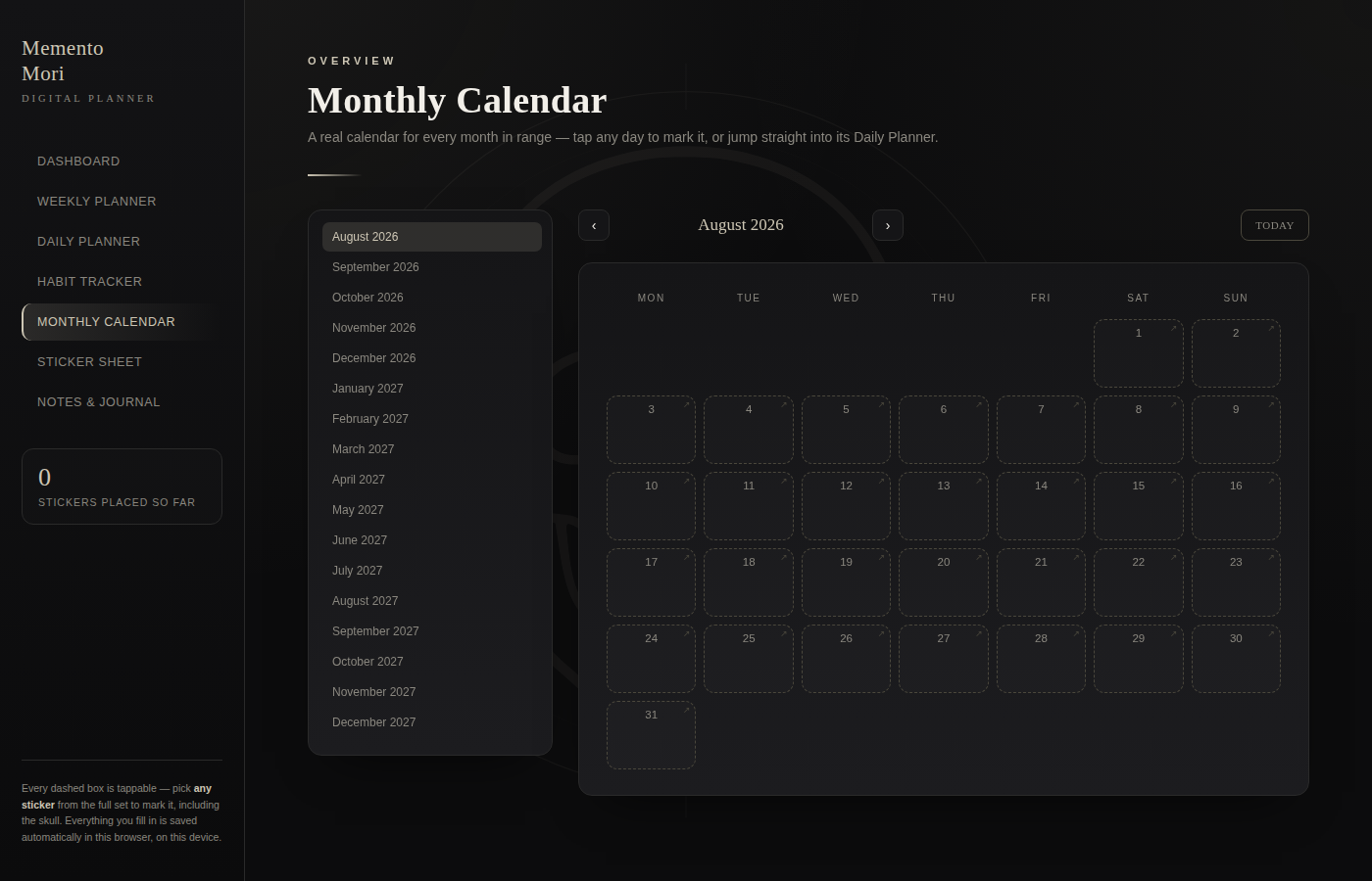 Digital Planner — Memento Mori (Interactive HTML, Skull Themed)