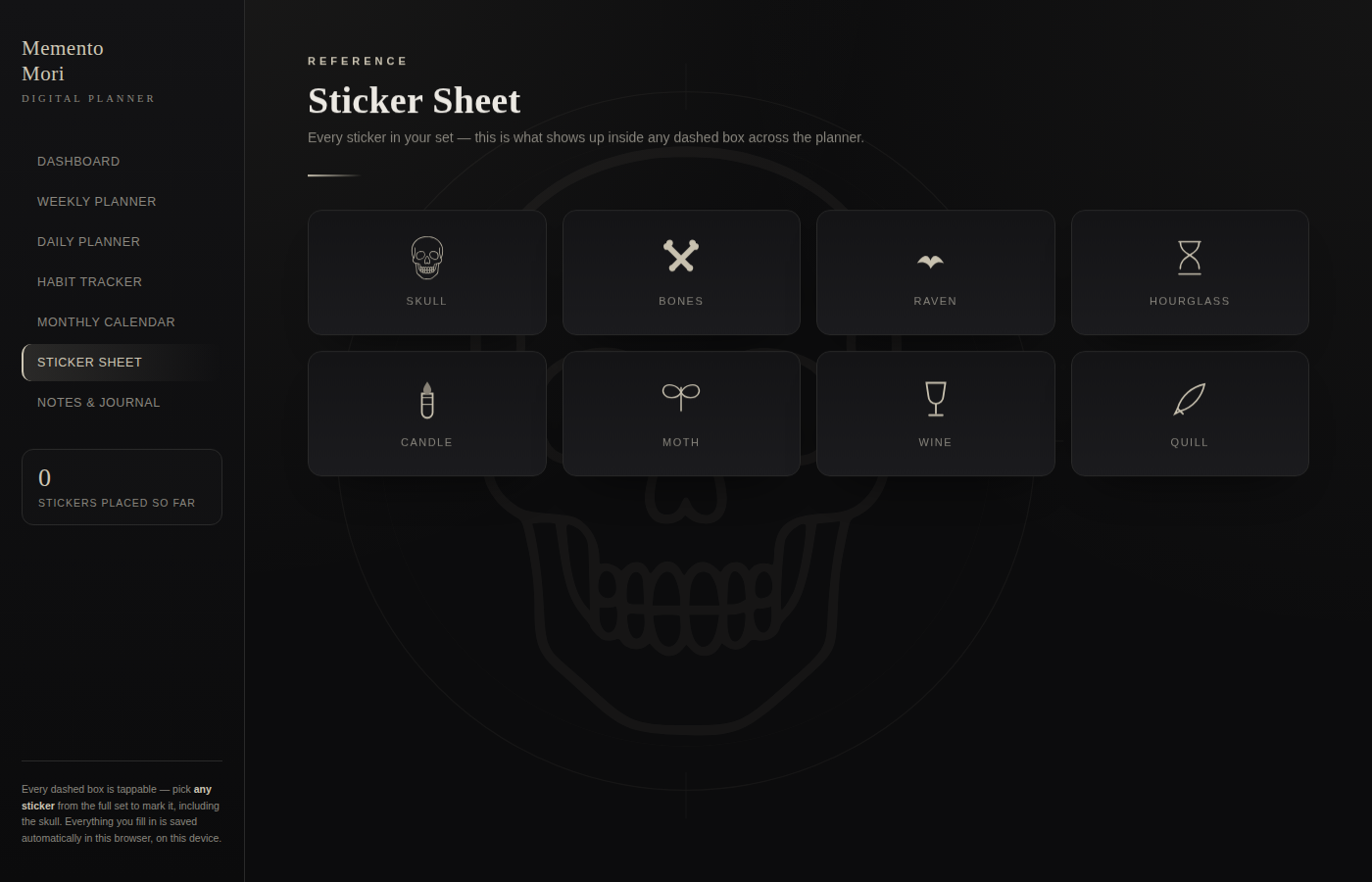 Digital Planner — Memento Mori (Interactive HTML, Skull Themed)