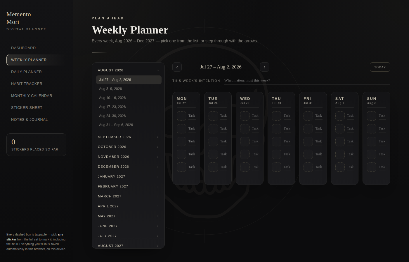 Digital Planner — Memento Mori (Interactive HTML, Skull Themed)