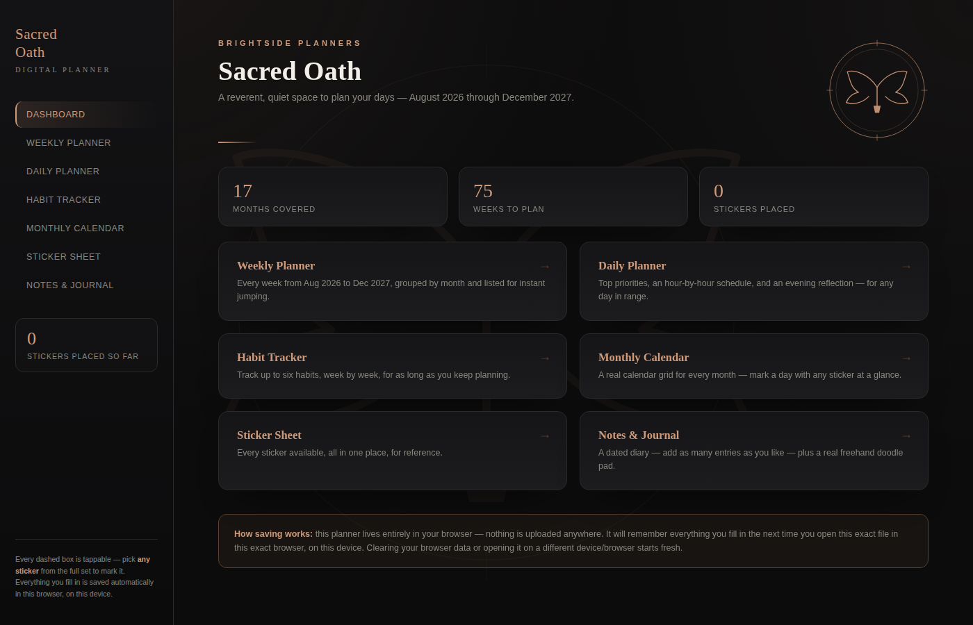 Digital Planner — Sacred Oath (Interactive HTML, Angel & Devotional Themed)
