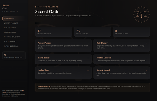 Digital Planner — Sacred Oath (Interactive HTML, Angel &amp; Devotional Themed)
