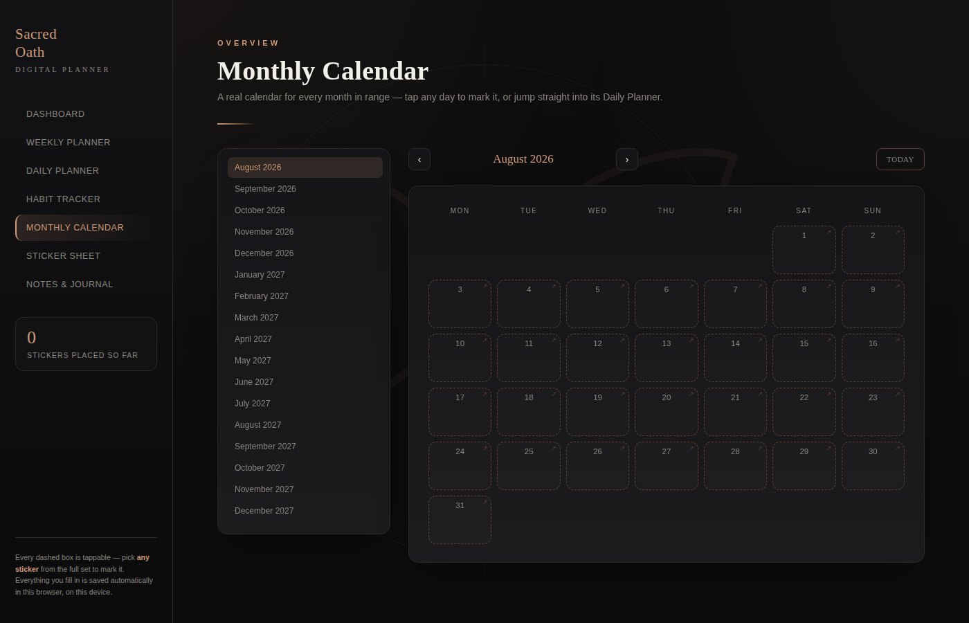 Digital Planner — Sacred Oath (Interactive HTML, Angel & Devotional Themed)